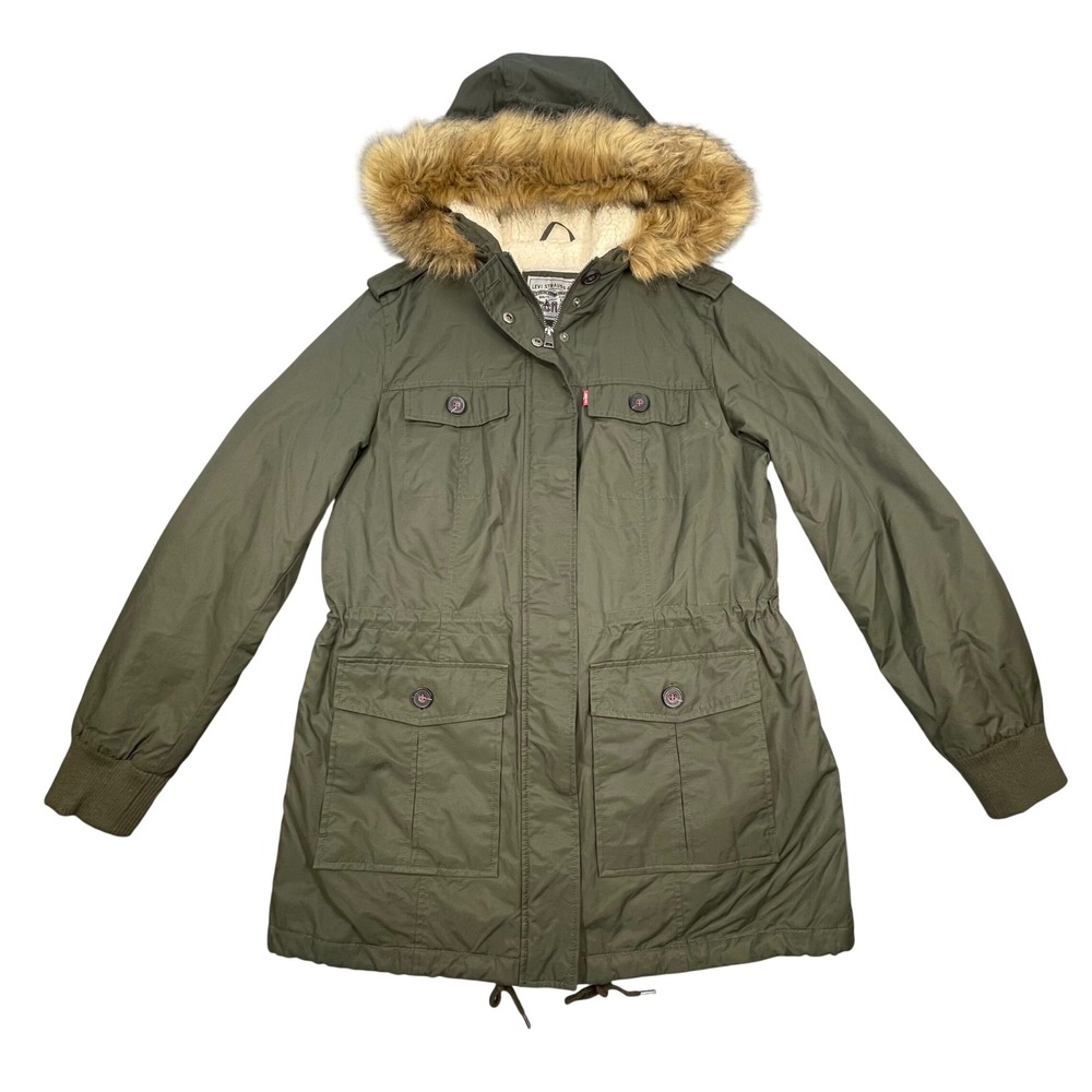 Levi's Olive Green Sherpa Lined Faux Fur Hood Parka Jacket Women Large